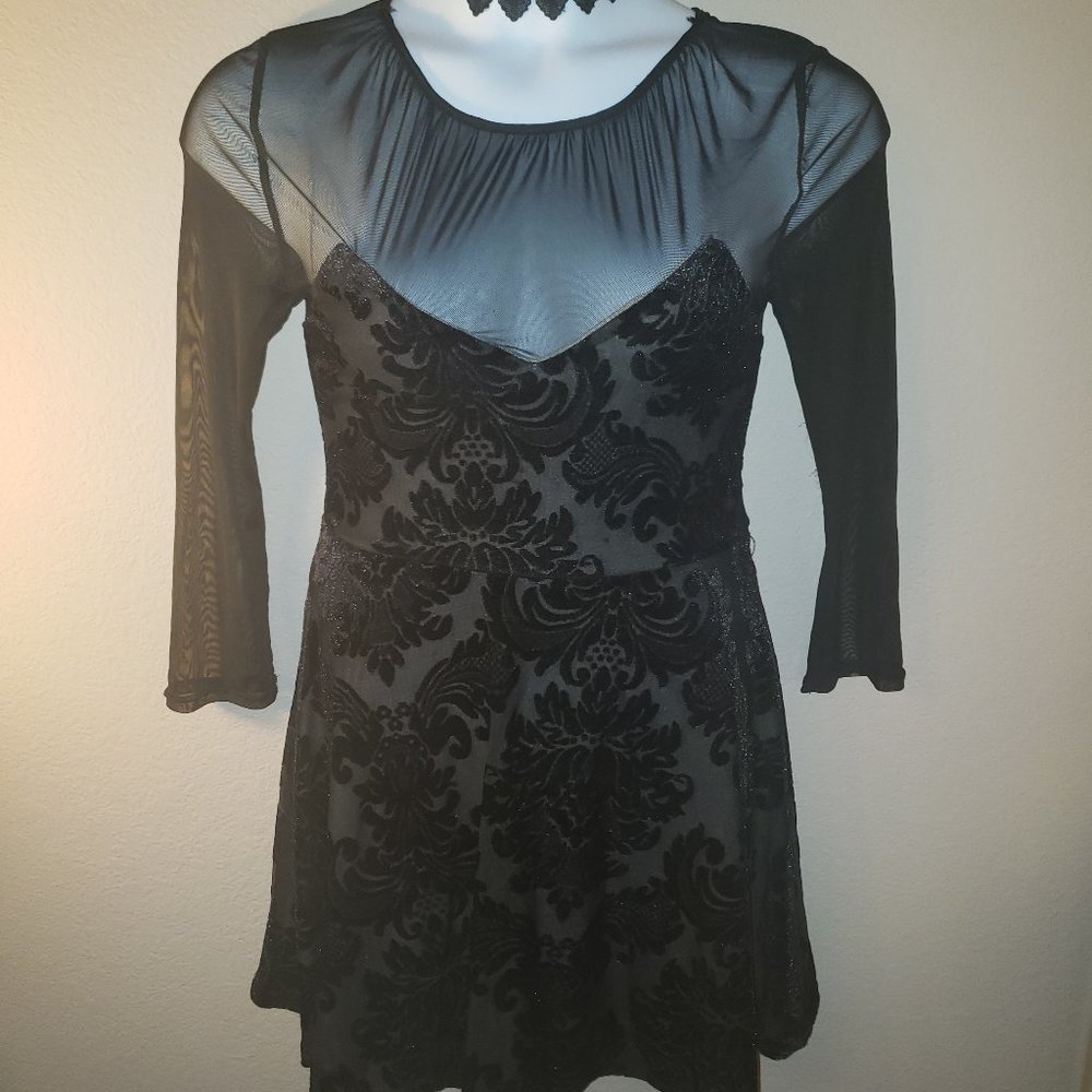 Black Velvet Flocked Skater dress w/ Mesh